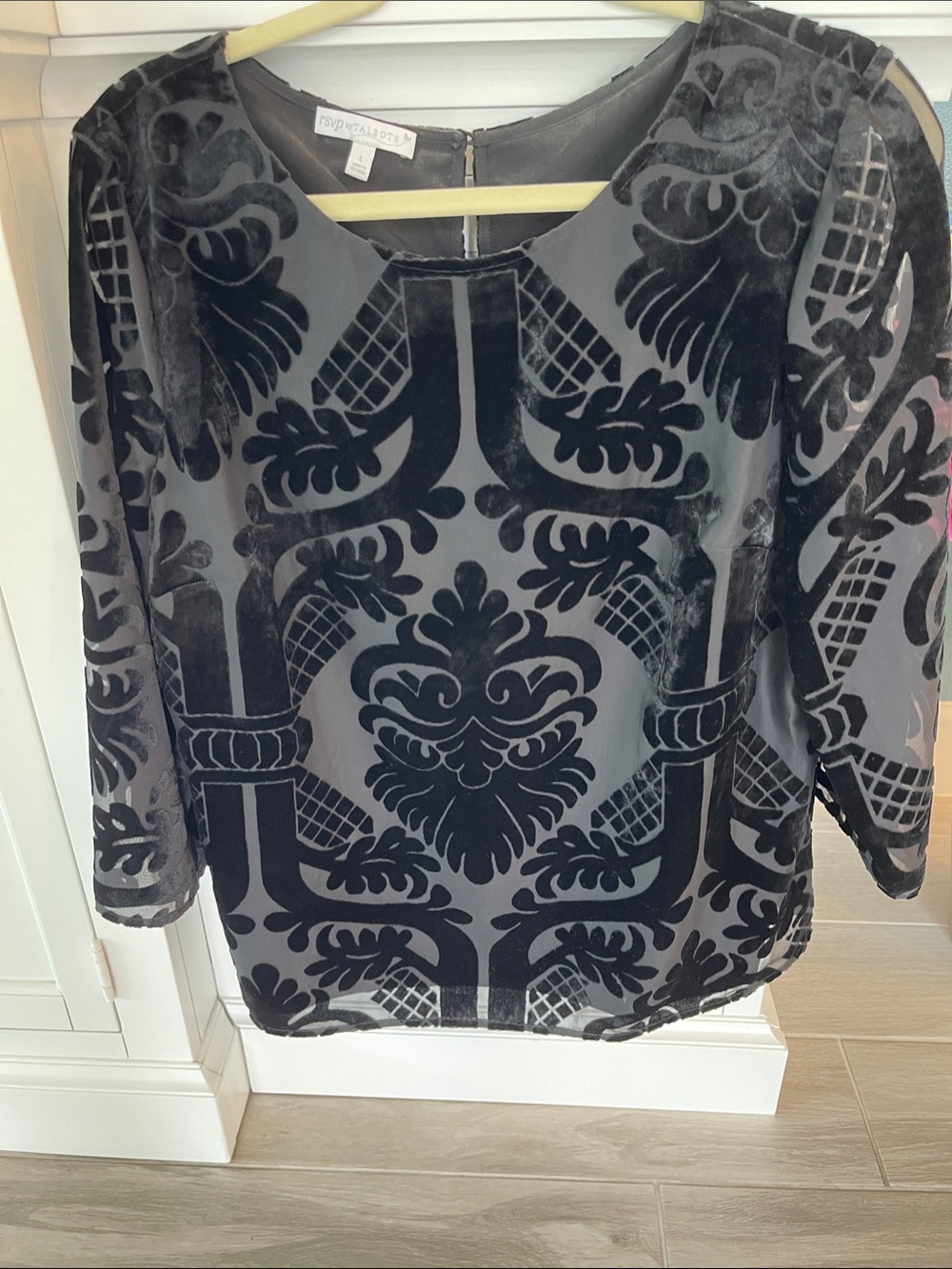 Talbots Black Burnout Velvet Damask Top